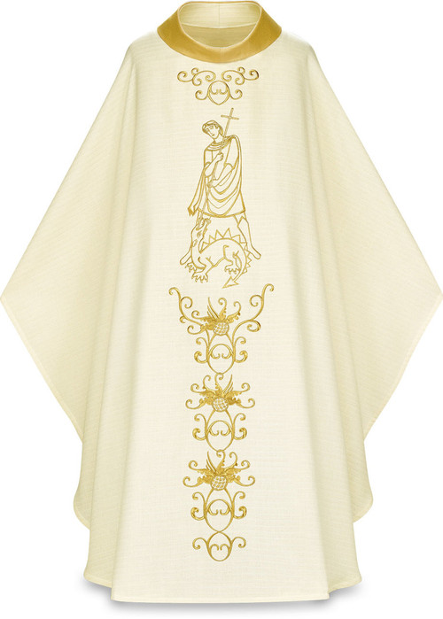 Chasuble in Cantate (99% wool, 1% Lurex-gold threads). Width: 59", Length: 53".Chasuble comes with inside stole. Embroidered floral motif with Saint George on front and back. 4" roll collar. This item is imported from Europe. Please supply your Institution’s Federal ID # as to avoid an import tax. Please allow 3-4 weeks for delivery if item is not in stock.  Other saints are available. Please call 1 800 523 7604 to inquire.