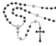 Beautiful First Communion Rosary. The Our Father Beads and Crucifix of the rosary are black enameled. The centerpiece is a chalice.  The rosary comes in a Black Leatherette Gift Box. Perfect keepsake rosary for years to come.