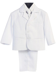 White Suit-This high quality five piece Communion suit is an incredible buy!  Set includes jacket, pants, vest, dress shirt and adjustable tie. Regular and Husky Sizes available.