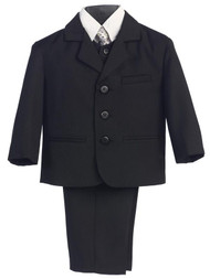 Black Suit-This high quality five piece Communion suits is an incredible buy!  Set includes jacket, pants, vest, dress shirt and adjustable tie. Regular and Husky Sizes available