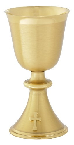 24K gold plated Chapel Chalice. 5.5"H Chapel Chalice holds 5 oz. and has a satin finish and comes with a 3.25"  Well Paten.