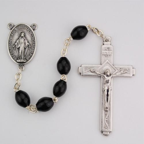 Black wood beads rosary has a miraculous medal centerpiece and comes in a plastic gift box. 