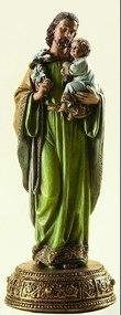 Saint Joseph Figurine with Base. Drawer at base opens and contains scroll with prayer that reads: "St. Joseph whose protection is so great, so strong, so prompt before the throne of God, I place in you all my interests and desires...Resin/Stone Mix, 10.125" Height, 4" Width, 4" Diameter.