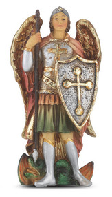 4" St. Michael statue is hand painted and is made of a solid resin. Statue has gold leaf trim accents and Italian gold stamped prayer card. Boxed 