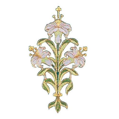 Hand embroidered metallic applique portraying a design with three embroidered Lillies, made of sparkling nontarnishable gold bullion and silk. Measurements: 13.0" x 7-1/2" 