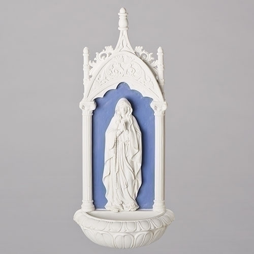 11.5"H Della Robia Our Lady of Lourdes Holy Water Font. Dolomite/Resin