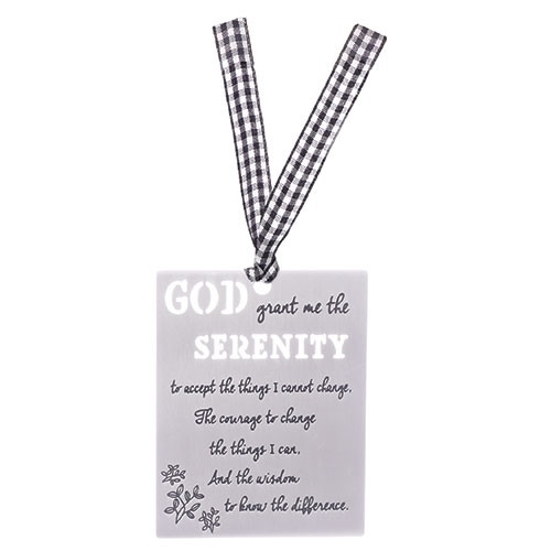 3.25"H  Serenity Prayer Laser Cut Aluminum Bookmark with checkered ribbon. 