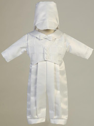 Long satin romper with organza plaid vest christening set. Hat included. Sizes: 0-3mos, 3-6mos, 6-12mos, 12-18mos