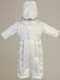 Long satin romper with organza plaid vest christening set. Hat included. Sizes: 0-3mos, 3-6mos, 6-12mos, 12-18mos