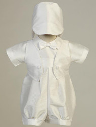 Poly Bengaline Romper with hat. Sizes: 0-3, 3-6m, 6-12m, or 12-18m. Made in the USA!
