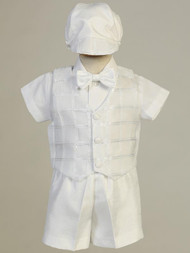 Organza Plaid Vest with Shantung Shorts and Hat Christening Set. Sizes: 0-3, 3-6m, 6-12m, 12-18m, 18-24m, 2T, 3T, and 4T. Made in the USA
