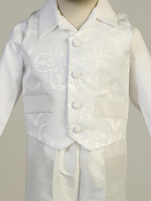 Boys Brocade Vest with Poly Bengaline Pants Christening Set. Hat included.   Instantly turns any child into a handsome young prince!  Sizes : 0-3m, 3-6m, 6-12m, 12-18m & 18-24m, 2T, 3T, & 4T.  Made in USA.