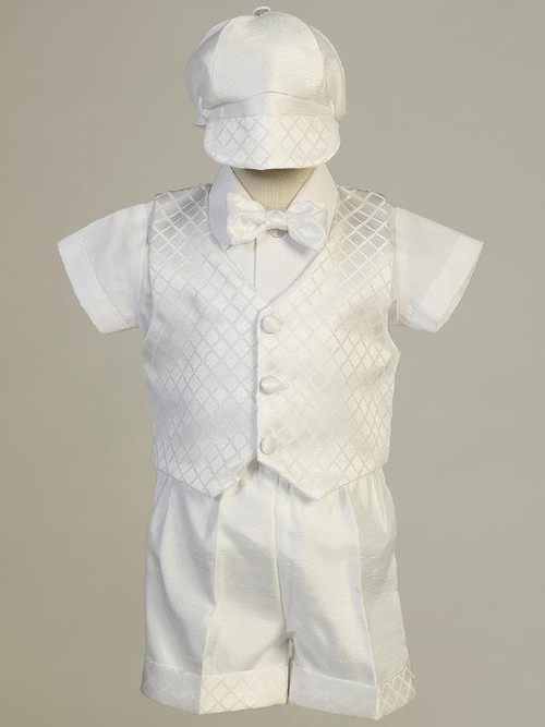 Diamond Jacquard Vest, Shantung Shorts with Hat. Sizes: 0-3, 3-6m, 6-12m, 12-18m, 18-24m, 2T, 3T, and 4T. Made in the USA