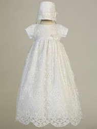 Bonnie Christening Gown. Long gown with embroidered tulle and sequins.  Made in USA