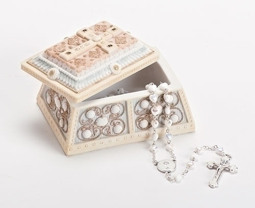 2.5"H x 4"L x 3"D Rosary/Trinket box. Rosary not included.