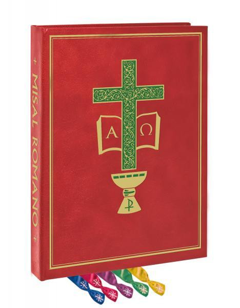 Image of a red clothbound Roman Missal that features a green cross with gold filigree details, the symbols for Alpha and Omega, as well as five markers in blue, pink, purple, green, and yellow.