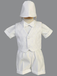 Boy's Christening set. Organza vest on satin shirt and shorts. Sizes XS  (3-6 mos), S (6-9 mos), M 9-12 mos), L (12-18 mos), XL (18-24 mos)