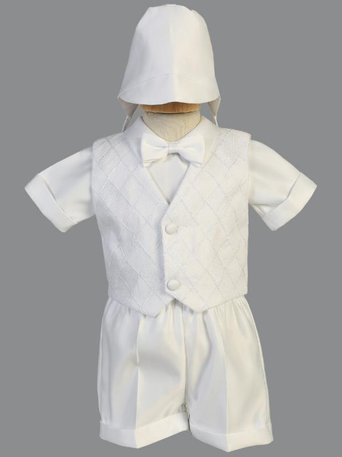 Boy's Christening set. Organza vest on satin shirt and shorts. Sizes XS  (3-6 mos), S (6-9 mos), M 9-12 mos), L (12-18 mos), XL (18-24 mos)