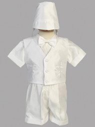 Shantung with embroidered cross on vest and short. Sizes XS  (3-6 mos), S (6-9 mos), M 9-12 mos), L (12-18 mos), XL (18-24 mos), 2T, & 3T. 