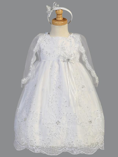 Embroidered organza gown with silver sequins. Comes with a cape and headband.  Made in USA