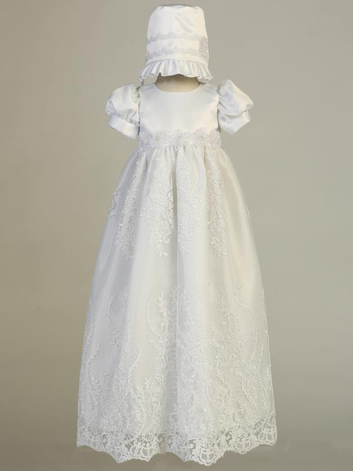 Willow Christening Gown, Satin bodice with embroidered tulle long gown with bonnet. Made In USA