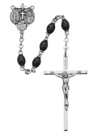4 x 6mm Black Oval Glass Bead Rosary. Sterling Silver 4-way Medal Center and Crucifix. Deluxe Gift Box Included

 