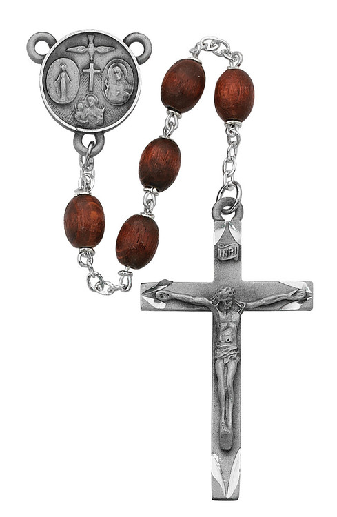 6 X 8mm Brown Wood Oval Rosary. Sterling Silver Center and Crucifix. Deluxe Gift Box Included