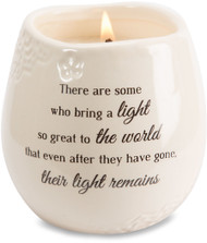 Ceramic vessel holds 8 ounces of 100% soy wax candle. Tranquility Scent. Measures 2.5L x 2.5W x 3.5H x 2.5D
"There are some who bring a light so great to the world that even after they have gone, their light remains."