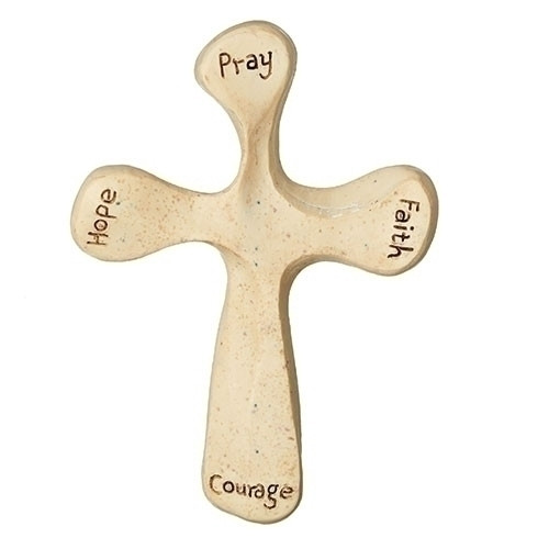4.25" Comfort Cross. Dimensions: 3" W. x 4 1/4" H. x 3/4" D. the words Pray, Hope, Faith and Courage written on the cross. 