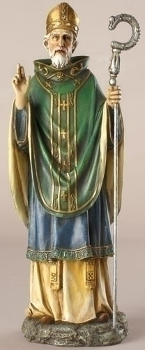 Saint Patrick 10.5"Statue. St Patrick is the Patron Saint of Ireland. The St. Patrick Statue is made of a resin/stone mix. The dimensions of the St Patrick statue are: 10.5"H x 4.25"W x 3"D