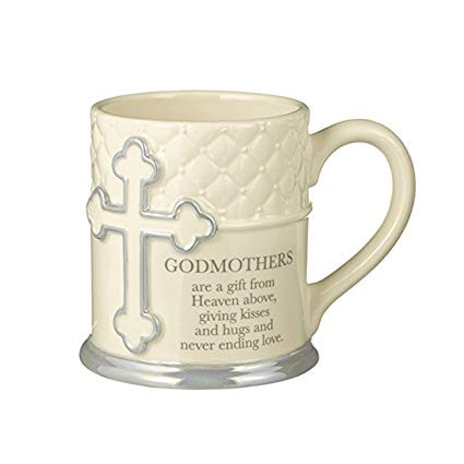 This Godmother ceramic mug features a unique textured outer design. The mug holds 14 ounces of fluid. Godmothers mug has a saying on the front "Godmothers are a gift from heaven above, giving kisses and hugs and never ending love."  Dishwasher safe. DO NOT microwave. Mugs come boxed.