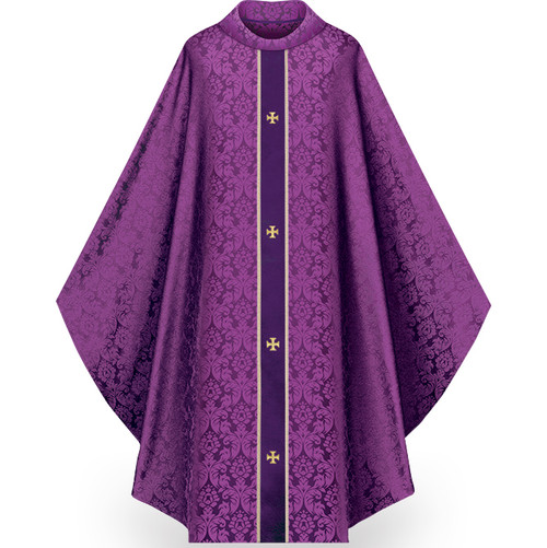 Chasuble made of Duomo, a damask fabric of 100% man-made fibers. Adorned with velvet panels with embroidered gold crosses. Gold braids border each velvet panel. Gothic Cut with 4" roll collar neck finish.  Standard size is 53" length x 63" width. Comes with inside stole.  Please supply your Institution’s Federal ID # as to avoid an import tax. This item is imported from Europe. Please allow 3-4 weeks for delivery if item is not in stock. 