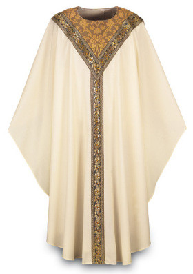 Chasuble is made of lightweight Brugia 100% wool. Banding in Goya, damask fabric. Measurements are 59" Width  X 53" Length, with inside stole. Combination of brocade application and orphreys. These items are imported from Europe. Please supply your Institution’s Federal ID # as to avoid an import tax.  Please allow 3-4 weeks for delivery if item is not in stock.