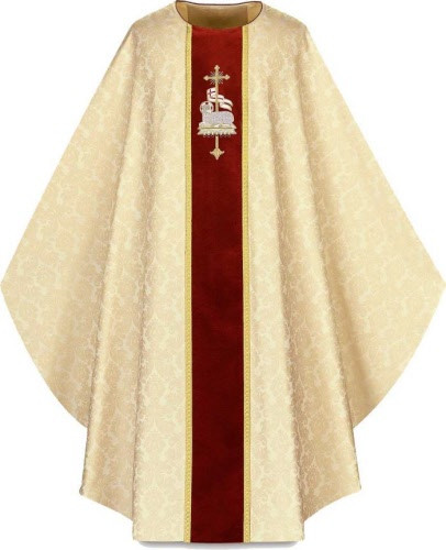 Chasuble, in Duomo, 100% man-made fibres. Chasuble Motifs are hand embroidered on velvet band. Choices are: Lamb of God(front)/IHS(back), Holy Spirit(front)/Flames(back), Pelican(front)/Alpha Omega(back), Chalice(front)/Chiro(Back).  Please supply your Intitution’s Federal ID # as to avoid an import tax. Please allow 3-4 weeks for delivery if item is not in stock as it is shipped from overseas. 