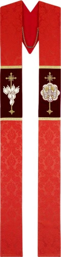 Overlay Stole, in Duomo, 100% man-made fibres. Overlay Motifs are hand embroidered on the stole. Choices are: Lamb of God(front)/IHS(back), Holy Spirit(front)/Flames(back), Pelican(front)/Alpha Omega(back), Chalice(front)/Chiro(Back).  Please supply your Intitution’s Federal ID # as to avoid an import tax. Please allow 3-4 weeks for delivery if item is not in stock as it is shipped from overseas. 