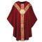 Chasuble made of dark red Dupion, a knotted yarn dyed fabric of 70% man-made fibers and 30% viscose of 70% man-made fibers and 30% viscose, adorned with a beautiful hand embroidered Holy Spirit emblem on a St. Andrew's Cross orphrey in Regina, a multicolored brocade on front and back. Plain "0" neck finish. Gothic Cut. Standard length is 53".