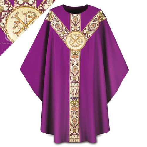 Chasuble made of purple Dupion, a knotted yarn dyed fabric of 70% man-made fibers and 30% viscose of 70% man-made fibers and 30% viscose, adorned with a beautiful hand embroidered Chi Rho emblem on a St. Andrew's Cross orphrey in purple Regina, a multicolored brocade on front and back. Plain "0" neck finish. Gothic Cut. Standard length is 53".