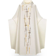White-Monastic cut Chasuble made of Dupion, a knotted yarn fabric of 70% man-made fibers and 30% viscose. Line or Unlined. Elegant machine embroidered Crosses creates beautiful orphreys on front and back and sleeve edge trim. Perfect main celebrant chasuble for concelebration sets. Lined. Roll Collar "3" neck finish. Monastic Cut. Comes with an Inside Stole. Standard size is 53" length x 59" width. Shown in white, available in 5 liturgical colors. Black is made of Brugia, 100% lightweight wool. Please select. Other collar choices and matching ecclesiastical garments are available. Please call 800 523-7604 for  more information