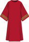 This dalmatic features a gold patterned vertical orphrey on both sleeves. It comes in Purple, Green Red and Ecru. It is made from Elias fabric and is part of the Assisi series. Elias fabric is 100% polyester and is lightweight and durable.  The Dalmatic measures 53"L x 63"W;. The dalmatic has a plain collar. Please supply your Intitution’s Federal ID # as to avoid an import tax. Please allow 3-4 weeks for delivery if item is not in stock as it is shipped from overseas. 
