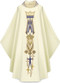 Hand embroidered chasuble with marian symbol in Cantate fabric (99% wooland 1% lurex). Chasuble width-63" and 53" Length, with inside stole.  Embroidered stand up collar