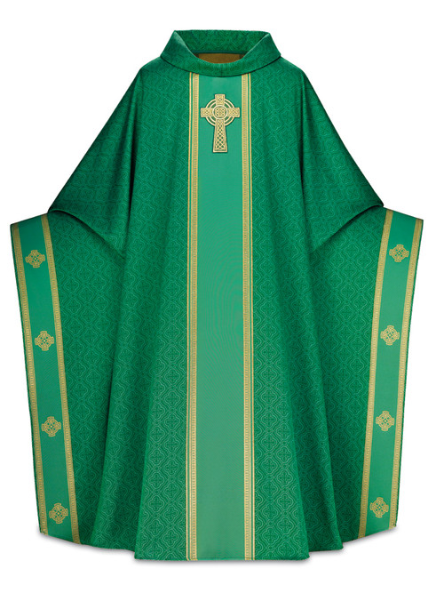 In Celtic, fabric of 100% man-made fibers. Monastic chasuble, 63" width, 53" length with inside stole. Woven banding with hand embroidered cross motif in relieft. 3" soft roll collar.  Available in  green, beige,  red, purple.  These items are imported from Europe. Please supply your Institution’s Federal ID # as to avoid an import tax. Please allow 3-4 weeks for delivery if item is not in stock.

 