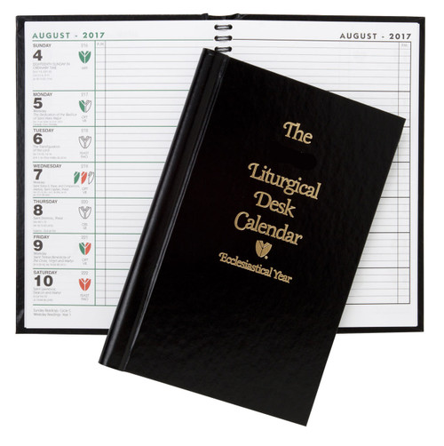 This hardcover liturgical desk calendar has an easy-to-read display of complete liturgical information and daily readings. The calendar also includes listings for Catholic, Protestant, Orthodox, Jewish, U.S., and Canadian Holy Days and holidays.