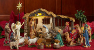 Photo of all the figures included in the Three Kings Real Life Nativity 5in 23 Pieces With Lighted Stable set sold by St. Jude Shop.