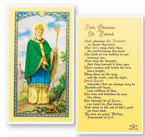 St Patrick Holy Card with the Hail Glorius St. Patrick on the back.  Clear, laminated Italian holy cards with Gold Accents. Features World Famous Fratelli-Bonella Artwork. 2.5'' x 4.5'' 