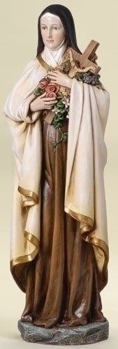 Saint Therese 14 Inch Statue~ Patron Saint of Florists and Aviators. Resin/Stone Mix. Dimensions: 13.75"H x 5"W x 4"D