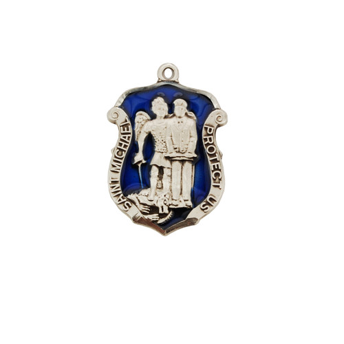 Sterling Silver St. Michael medal. The St Michael Policeman's Badge medal comes with blue enamel  on a 20" rhodium chain. Medal measures 1" X 3/4". Comes in a deluxe gift box. 