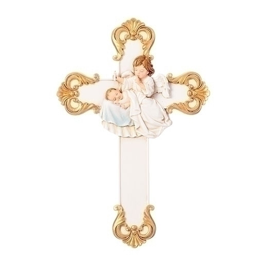 Hush a Bye Baby Wall Cross. This 9"H  Angel Watching Over Baby Wall Cross complements the  Musical Hush a Bye Baby Musical Statue. The Hush a Bye Wall Cross is a resin stone mix. The Hush a Bye Baby Wall Cross is perfect for a newborn gift or baptism