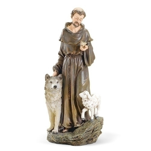 This 9.75"H St Francis Figure is made of a resin/stone mix.  St Francis is depicted on this statue with a wolf, a lamb and he is holding a bird. The measurements of the St. Francis Figure are 9.75"H x 4.5"W. 