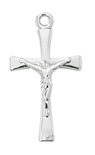 Sterling Silver 13/16" Long Crucifix. Sterling Silver Crucifix comes on an 18" rhodium chain. A  gift box is included. 
