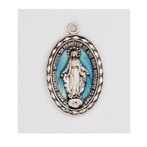 Sterling Silver 7/8" x1/2" Miraculous Medal with Blue Epoxy. The Blue Epoxy Miraculous Medal comes on a 18" rhodium  plated chain. A deluxe gift box is included. 